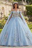 Sky Blue Floral Off the Shoulder Quinceañera Dress with Cape Sleeves