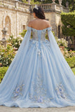 Sky Blue Floral Off the Shoulder Quinceañera Dress with Cape Sleeves