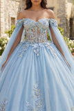 Sky Blue Floral Off the Shoulder Quinceañera Dress with Cape Sleeves