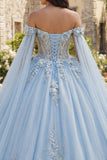 Sky Blue Floral Off the Shoulder Quinceañera Dress with Cape Sleeves