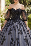 Black Princess Off the Shoulder Appliqued Quinceañera Dress with Half Sleeves