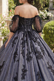 Black Princess Off the Shoulder Appliqued Quinceañera Dress with Half Sleeves