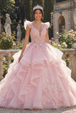 Spaghetti Straps Pink Appliqued Ruffled Quinceañera Dress with Flutter Sleeves