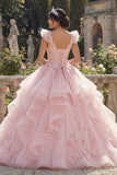 Spaghetti Straps Pink Appliqued Ruffled Quinceañera Dress with Flutter Sleeves