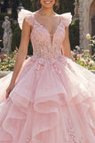 Spaghetti Straps Pink Appliqued Ruffled Quinceañera Dress with Flutter Sleeves