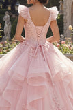 Spaghetti Straps Pink Appliqued Ruffled Quinceañera Dress with Flutter Sleeves