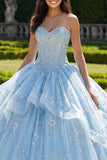Sky Blue Strapless Ruffled Quinceañera Dress