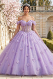 Lilac Pearls Off the Shoulder Long Quinceañera Dress with 3D Flowers