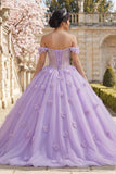 Lilac Pearls Off the Shoulder Long Quinceañera Dress with 3D Flowers