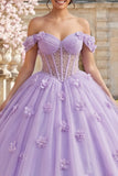 Lilac Pearls Off the Shoulder Long Quinceañera Dress with 3D Flowers