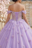 Lilac Pearls Off the Shoulder Long Quinceañera Dress with 3D Flowers