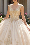 Champagne V-Neck Ball Gown Quinceañera Dress with Appliques