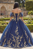 Glitter Navy Appliqued Off the Shoulder Quinceañera Dress