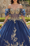Glitter Navy Appliqued Off the Shoulder Quinceañera Dress
