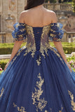 Glitter Navy Appliqued Off the Shoulder Quinceañera Dress