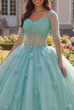 Light Green Beaded Corset Quinceañera Dress with Half Sleeves
