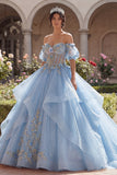 Off the Shoulder Sky Blue Appliqued Ruffled Quinceañera Dress with Puff Sleeves