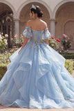 Off the Shoulder Sky Blue Appliqued Ruffled Quinceañera Dress with Puff Sleeves