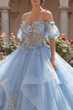 Off the Shoulder Sky Blue Appliqued Ruffled Quinceañera Dress with Puff Sleeves
