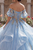 Off the Shoulder Sky Blue Appliqued Ruffled Quinceañera Dress with Puff Sleeves