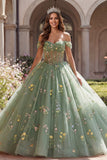 Floral Dusty Sage Off the Shoulder Ball Gown Quinceañera Dress