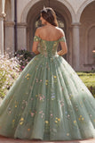 Floral Dusty Sage Off the Shoulder Ball Gown Quinceañera Dress