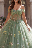Floral Dusty Sage Off the Shoulder Ball Gown Quinceañera Dress