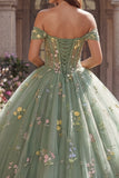 Floral Dusty Sage Off the Shoulder Ball Gown Quinceañera Dress