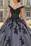 A Line Black Off the Shoulder Princess Quinceañera Dress with Appliques