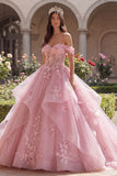 Pink Ruffled Off the Shoulder Corset Quinceañera Dress with Appliques