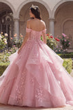 Pink Ruffled Off the Shoulder Corset Quinceañera Dress with Appliques