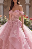 Pink Ruffled Off the Shoulder Corset Quinceañera Dress with Appliques