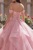 Pink Ruffled Off the Shoulder Corset Quinceañera Dress with Appliques