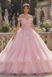 Pink Off the Shoulder Ball Gown Corset Quinceañera Dress with Appliques