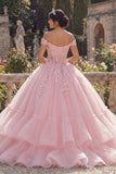 Pink Off the Shoulder Ball Gown Corset Quinceañera Dress with Appliques