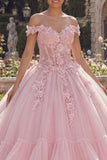 Pink Off the Shoulder Ball Gown Corset Quinceañera Dress with Appliques