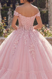 Pink Off the Shoulder Ball Gown Corset Quinceañera Dress with Appliques