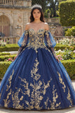Off the Shoulder Navy Appliqued Ball Gown Quinceañera Dress with Long Sleeves