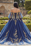 Off the Shoulder Navy Appliqued Ball Gown Quinceañera Dress with Long Sleeves