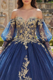Off the Shoulder Navy Appliqued Ball Gown Quinceañera Dress with Long Sleeves
