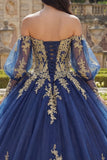 Off the Shoulder Navy Appliqued Ball Gown Quinceañera Dress with Long Sleeves
