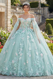 Mint Green Ball Gown Off the Shoulder Appliqued Corset Quinceañera Dress with Cape Sleeves