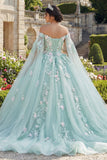 Mint Green Ball Gown Off the Shoulder Appliqued Corset Quinceañera Dress with Cape Sleeves