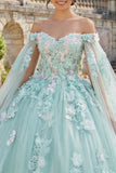 Mint Green Ball Gown Off the Shoulder Appliqued Corset Quinceañera Dress with Cape Sleeves