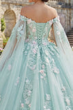 Mint Green Ball Gown Off the Shoulder Appliqued Corset Quinceañera Dress with Cape Sleeves