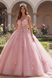 Spaghetti Straps Pink Corset Quinceañera Dress with Appliques