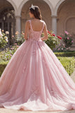 Spaghetti Straps Pink Corset Quinceañera Dress with Appliques