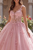 Spaghetti Straps Pink Corset Quinceañera Dress with Appliques