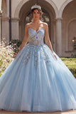 Strapless Sky Blue Appliqued Corset Ball Gown Quinceañera Dress