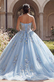 Strapless Sky Blue Appliqued Corset Ball Gown Quinceañera Dress